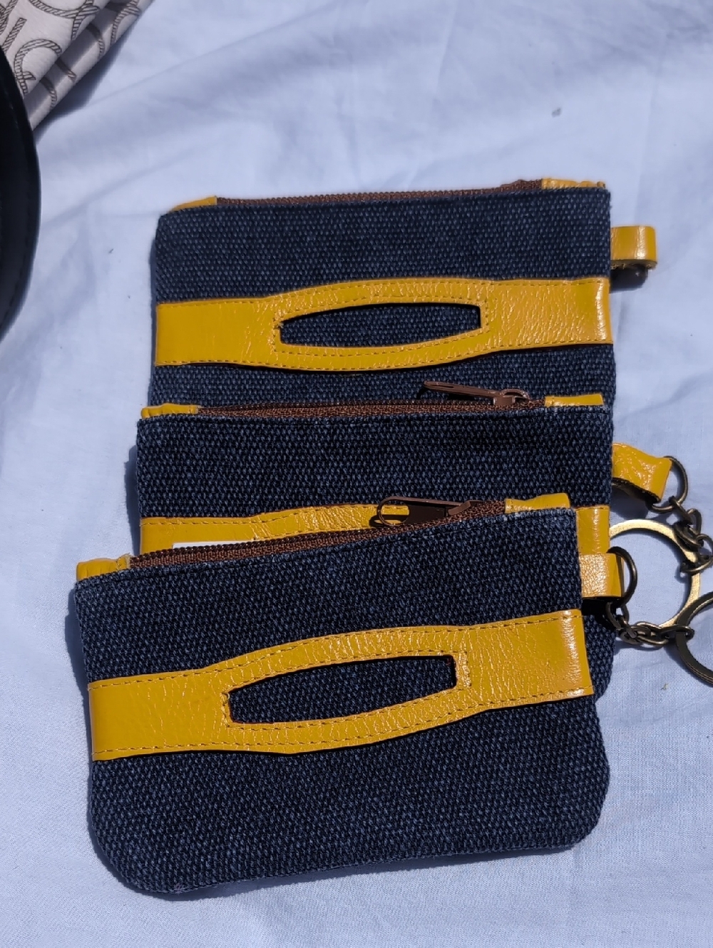 Yellow Accent Navy Canvas Coin Pouch Set - Women's Keyring Wallets